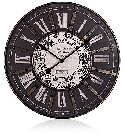 Horloge murale Dekouhr vintage - 60 cm - avec cadre métallique façon grande gare - horloge noire
