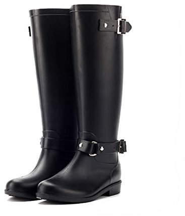 AONEGOLD Gummistiefel Regenstiefel Damen Langschaft wasserdichte Regen Boots mit Blockabsatz Reißverschluss Schnalle Schneestiefel Gartenschuhe(Schwarz 1,Größe 40)