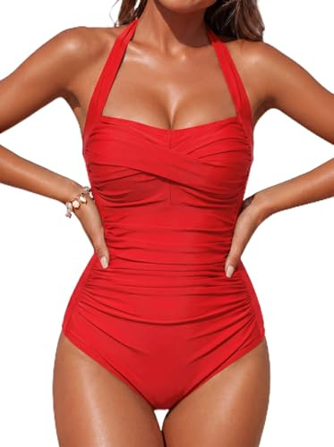 Smismivo Tummy Control Swimwear Halter One Piece Swimsuit Ruched Padded Bathing Suits for Women Slimming Vintage Bikini (Red, X-Large)