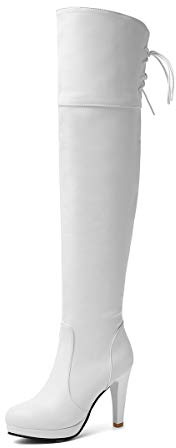 Synthetic Fashion Round Toe Stiletto Zipper High Heel with 9.5 cm Comfortable Overknee Boots for Women Big Size 35-46 T0012, white 2, 14 US