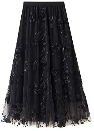 Caziffer Gonna a Rete Tutu in Tulle A-Line da Donna Gonna a Strati in Vita Alta Elastica Gonna a Trapezio con Maxi Orlo Midi Y2K Gonna Plissettata a Trapezio (B-Nero, Taglia Unica)
