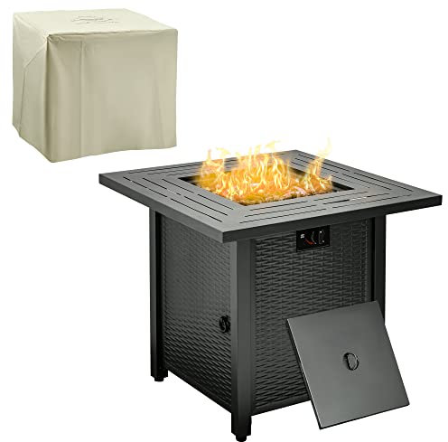 Outsunny Square Propane Gas Fire Pit Table, 40000 BTU Rattan Smokeless Firepit Patio Heater with Protective Cover, Glass beads and Lid, 71cm x 71cm x 63cm, Black