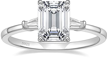 EAMTI 3CT 925 Sterling Silver Engagement Rings 3-Stone Emerald Cut Cubic Zirconia CZ Wedding Promise Rings for Her Wedding Bands for Women Size 5.5
