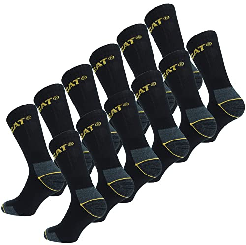 Caterpillar 12 Pairs Men's Work Socks Accident Prevention Reinforced Heel and Toe Cotton Sponge (Black, 11-14)