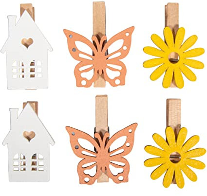 Rayher Holzklammern Blume, Haus, Schmetterling, ca. 2,5 x 3,5 cm, sortiert, apricot, gelb, weiß, Btl. 6 Stück, Deko-Klammern zum Basteln und Verzieren, 46682000, Bunt