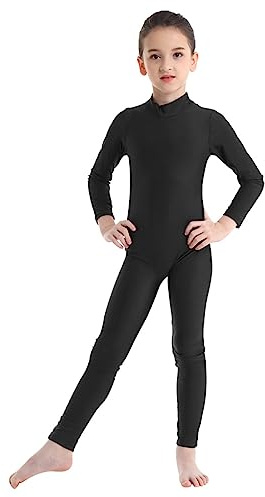 FEESHOW Kids Boys Girls Full Length Bodysuit Unitards Spandex Zentai Costumes Gymnastics Leotard Black 15-16 Years