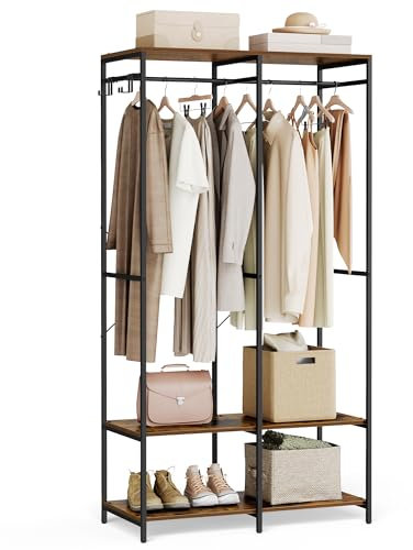 SONGMICS Kleiderschrank offen, Kleiderständer, Garderobenständer, Garderobe mit Kleiderstange, Ablagen, abnehmbare Haken, 40 x 94,5 x 180 cm, vintagebraun RGR004B01