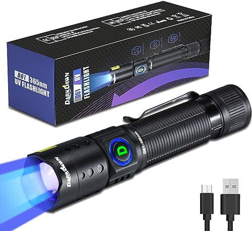 DARKDAWN UV Flashlight 365nm Light USB Mini Rechargeable Ultraviolet LED Blacklight Powerful Fluorescent Woods Lamp Portable Detector for Cat Urine Stains, Resin Curing, Uranium Glass, Leak Datection