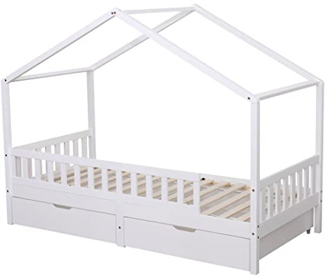 Kingwudo® Pine Wood Kids Bed Frame with 2 Drawers Child Bed Scandinavian House Style Standard Single Bed Frame for Bedroom Furniture,White or Natural Mattress (WITHOUT) 90x190 cm (White)