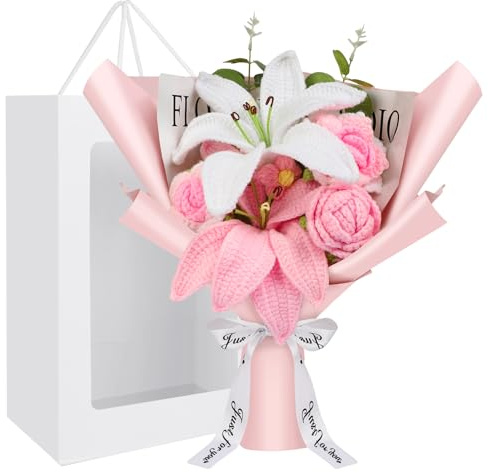 Crochet Flowers Crochet Flower Bouquet with Greeting Card Finished Handmade Knitted Flowers Roses & Lily Bouquet for Mother's Day Valentines Day Birthday Graduation Gift Home Decor (Pink)
