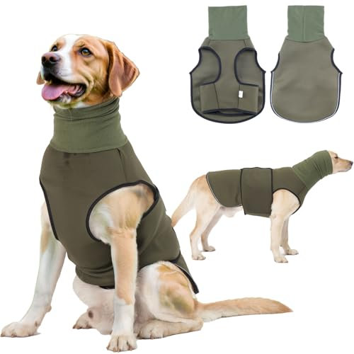 TOPSOSO Anti-Angst-Hundejacke mit Kapuze Rollkragen Hundeweste Beruhigungsmantel Klettverschluss zur einfachen Einstellung und Reflektierenden Streifen Hundemantel für ängstliche Großer Hunde(Olive L)