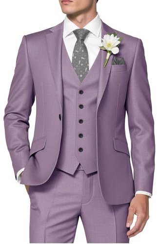 HUUTOE Herrenanzug, 3-teilig, schmale Passform, Abschlussball, Smoking für Herren, Hochzeit, formelle Herrenanzug, einfarbig, Blazer, Jacke, Weste, Hose, Flieder, S