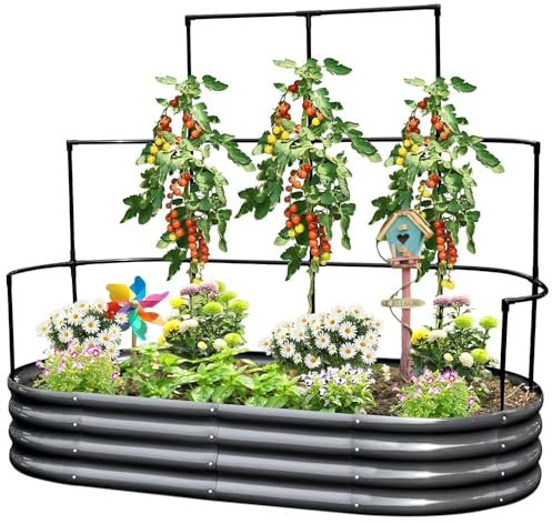 KING BIRD Hochbeet mit Rankgitter, Pflanzkasten Gartenkasten Frühbeet Kräuterbeet mit Gitterspalier für Garten, Klettergemüse, Blumen,180x90x30 cm, Dunkelgrau