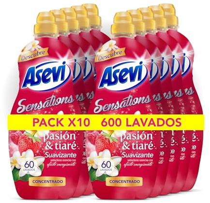 Asevi Suavizante para Ropa Sensations Pasión & Tiaré - Suavizante Concentrado para Lavadora con Fragancia Energizante - Esencias Naturales - Suavidad Duradera para Todo Tipo de Tejidos - 10x60 Lavados