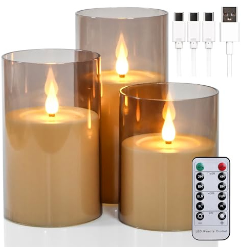 yunsheng Wiederaufladbare LED Kerzen mit Fernbedienung und Timer, Aufladbar Flammenlose Kerzen, Flackernde Elektrische Säulenkerzen mit Acrylhülle und TYP-C Ladekabel, 3er Set (3 x 4/5/6 Zoll)