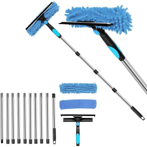 Qivine Limpia Cristales con Mango Extensible, Cepillo Limpieza Profesional 3 en 1 con Esponja y Escobilla de Goma, Limpiar Cristales por Fuera para Interiores Exteriores (10 Palo)
