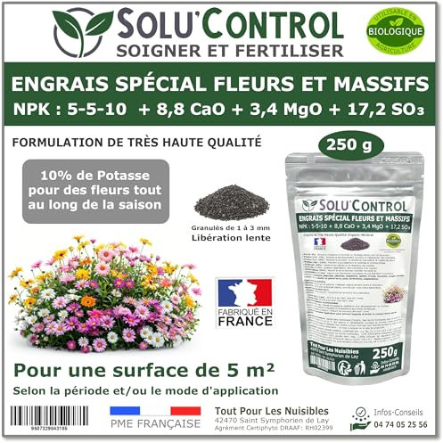 250 g - Engrais Spécial Fleurs et Massifs NPK 5-5-10 - Favorise une floraison abondante, éclatante et durable - Utilisable en Agriculture Biologique (UAB) - Fabriqué en France