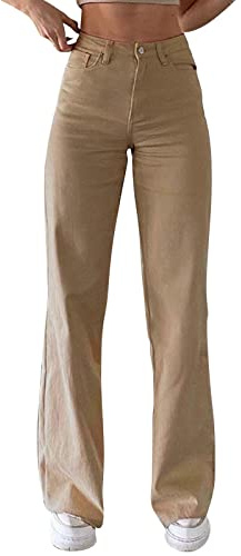 Generisch 2025 Pantalones vaqueros de color sólido para mujeres-flacidez suelta cintura delgada pantalones rectos para mujeres-pantalones vaqueros casuales pantalones a cuadros señoras 46