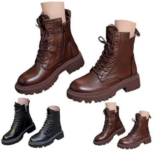 Bottines à lacets pour femmes avec fermeture éclair latérale, confortables, couleur unie, bout rond, classique, tendance, imperméable, antidérapant, bottes d'hiver à talon épais en cuir de combat