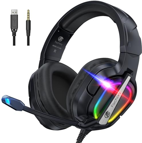 Fachixy FC200 Cuffie Gaming per PS5, PS4, PC, Xbox, Nintendo Switch, con Luce RGB, Microfono, Audio Stereo, con Cancellazione Del Rumore con filo