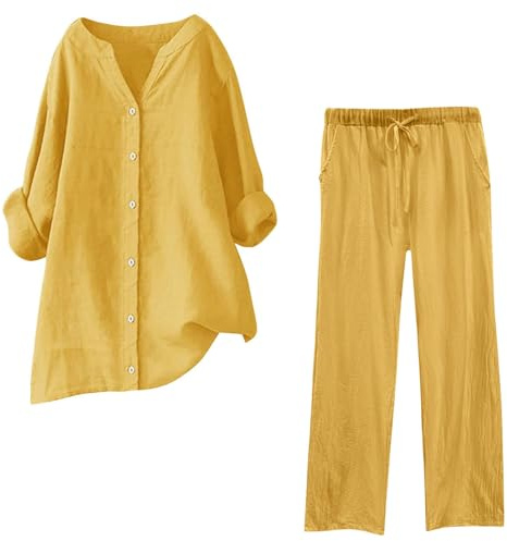 Traje de Lino de Dos Piezas para Mujer, Elegante Conjunto Casual de otoño, Conjunto de Camisa y pantalón de algodón, Ropa Deportiva Ligera y cómoda.