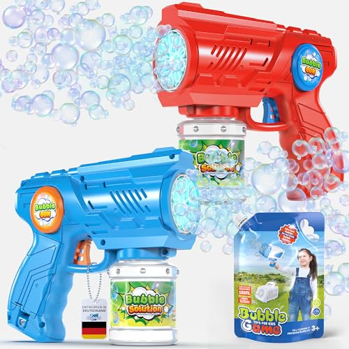 Blubbel 2x Sparabolle di Sapone LED, Pistola Giochi, Macchina Automatica, Bubble Gun, Cannone d’Aria, Giocattolo Matrimonio, Regalo Estivo Bambini, 1L Liquido Incluso