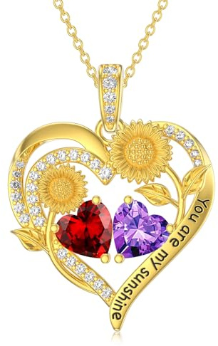 JUSTKIDSTOY Sunflower Heart Necklace January February Birthstone Garnet Amethyst Pendant You Are My Sunshine Jewellery Anniversary Birthday Gifts for Wife Grandma Her