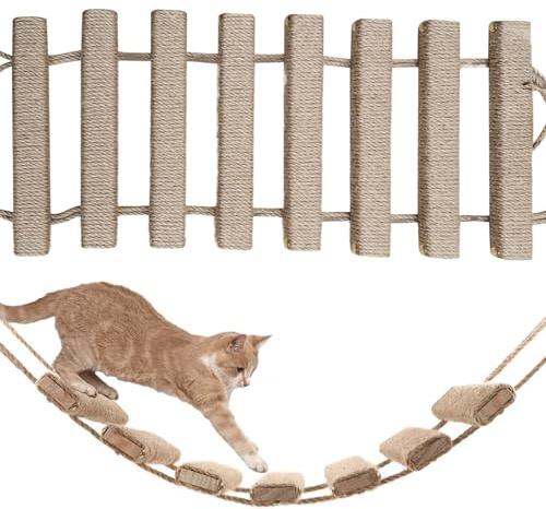 Monetais Kattstege 50 x 25 cm hängande kattbro i trä lindad med linnerep repbeständig stege för inomhuskatter, tillbehör