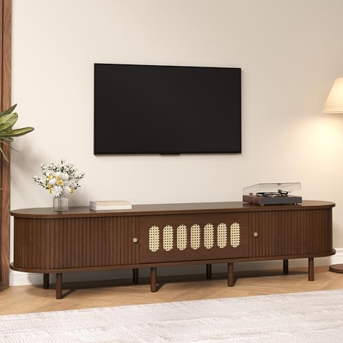 180 x 40 x 40 cm oval TV-stativ i valnöt, mörk, rottingdesign – MDF-design, 30 kg lastkapacitet, en rullluckdörrdesign. TV-skåp, lågboard, vardagsrumsskåp, innehåller ett skåp med fälldörr