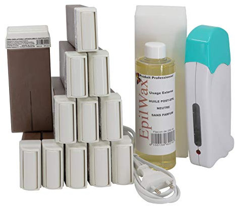 EpilWax Wachswärmer Waxing Set für Enthaarung Haarentfernung - Mit 12 Schokolade Roll On Wachspatronen, Waxing Gerät, 100 Vliesstreifen und Nachbehandlungsöl