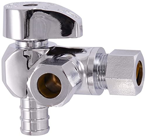 SharkBite 1/2 x 3/8 x 3/8 Inch OD Compression Angle Stop Valve, Dual Outlet, Quarter Turn, PEX Pipe, PE-RT, 23066LF