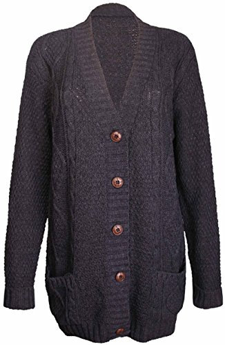 Purple Hanger New Womens Everyday Long Sleeve Button Top Ladies Chunky Aran Cable Knit Grandad Cardigan (20 XXL, Black)