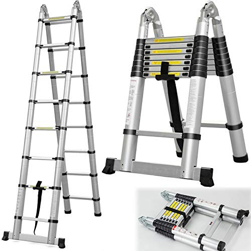 Scala telescopica in alluminio, 2,5 m + 2,5 m, scala telescopica monopulsante, prolunga multiuso, certificata EN131, pieghevole, allungabile per lavori di tetti