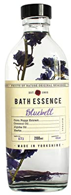 Fikkerts - Luxury Bath Essence with Fragranced Jojoba Oil 200ml – Infused with Dried Flowers in Glass Bottle – Moisturizing Bath Oil for Soft Skin & Relaxing Spa Experience (Bluebell)
