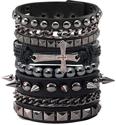 Eigso Punk Cross Leather Cuff Bracelets for Men Women Retro Vintage Chain Bracelet Set for Man Woman