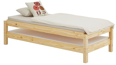 IDIMEX Stapelbett RINO 90x190 cm 2er Set in Natur aus Kiefer Massivholz, Kinderbett mit Gästebett aus massivem Holz, platzsparendes Stapelliege Massivholzbett