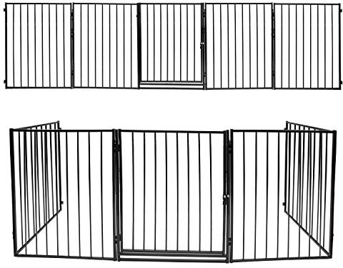 Daromigo Kaminschutzgitter, 304 cm Metall Absperrgitter mit Tür, Ofenschutzgitter Laufstall faltbar Tierschutzgitter Babygitter Sicherung inkl. 5 teilig Elementen, Schwarz