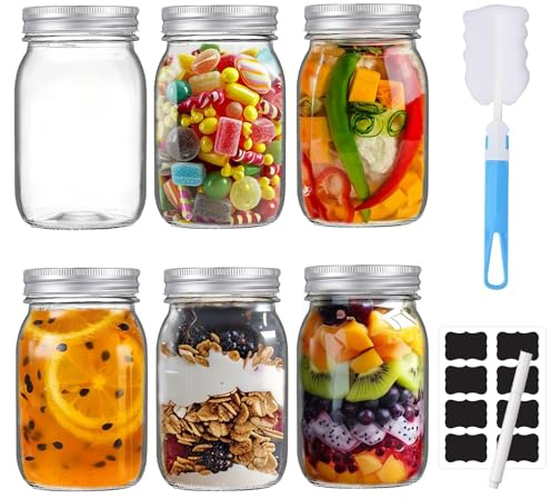 TOSUTO 500ml Mason Jar - 6 Pezzi Vasetti Vetro con Coperchio per Conserve, Overnight Oats, Marmellate, Yogurt, Miele