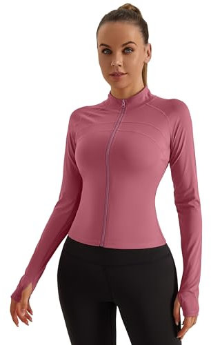 ZIRUU T-Shirt Damen Gym Top Sport Oberteil Yoga Langarm Crop Top Sportshirt Leicht Fitness Oberteil mit Reißverschluss und Daumenloch in Dark Pink Small Size
