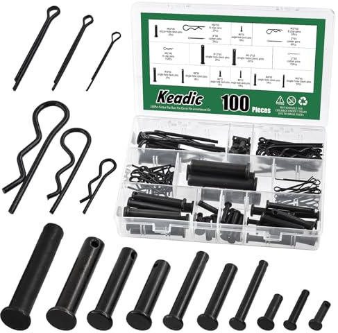 Keadic 100Pcs Flat Head Cotter Pins Assortment Kit Includes Single Hole Clevis Pin, Split Cotter Pins and R Clips,16 Sizes Retaining Pins Cotter Pin Split Pin for Trailer Latch