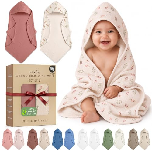 infancie 100% Organic Cotton Muslin Baby Hooded Towel 2 Pack 81x81cm Newborn Gift (Pink/Floral)