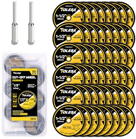 1-1/2 Cut Off Wheels 50 Pack, 1.5 x 1/8 Fiberglass Reinforced Cutting Wheels, TOLESA Rotary Tool Metal Cutting Disc Accessories Include 2 Mandrels