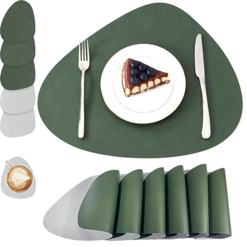 Duscdesp 6er Set Platzsets Abwaschbar,Tischset Oval Platzset Leder mit Untersetzer Teller Doppelseitigen rutschfest Platzdeckchen Tischsets für Tischdeko Küchenzubehör (Grün + Grau)