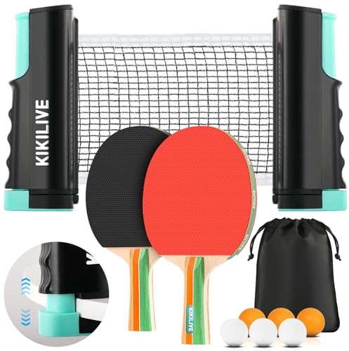 KIKILIVE Set de Tennis de Table Portable avec Filet Extensible, 2 Raquettes, 6 Balles et Sac de Transport - Idéal en Intérieur/Extérieur pour Famille, Loisirs et Entraînement.