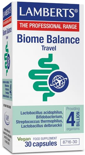 Lamberts Biome Balance Travel Capsules – Digestive Support While Travelling – Four Live Bacterial Strains – Delayed-Release Vegan Formula – 30 Capsules