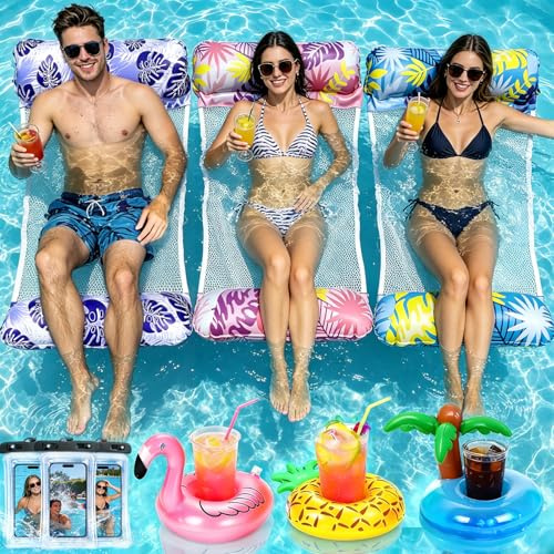Amaza Amaca Gonfiabile,3 Pezzi Amaca Galleggiante per Piscina Materassino Gonfiabile Mare con Portabibite Gonfiabile Custodia Impermeabile Smartphone per Adulti Piscina Giochi Estiva Mare Beach Party