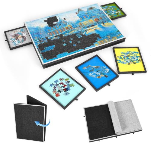 MINENICE Tablero inclinable para Rompecabezas de 1000 Piezas con 5 cajones de Colores, Cubierta, Mesa Plegable, 3 ángulos Ajustables y Caballete Integrado