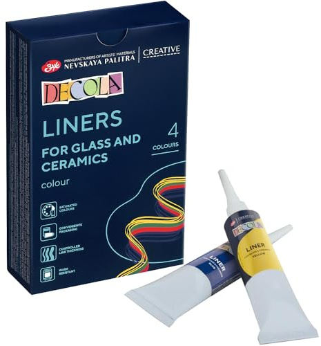 Decola Acrylic Liner | 4 x 18 ml vattenbaserad akryl för porslin och glas | Färgerna gul, röd, blå och grön | Tillverkad av Neva Palette