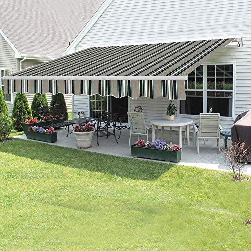 Green Bay 2 m x 1.5m DIY Patio Retractable Manual Awning Garden Sun Shade Canopy Multi-Stripe with Fittings and Crank Handle