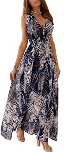 TOPLAZA Maxi Dresses for Women Summer Beach Floral Dress V Neck Sleeveless, Blue, M